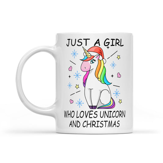 Nur ein Mädchen, das Einhorn-Weihnachten liebt. Weiße Tasse als Geschenk für Weihnachten