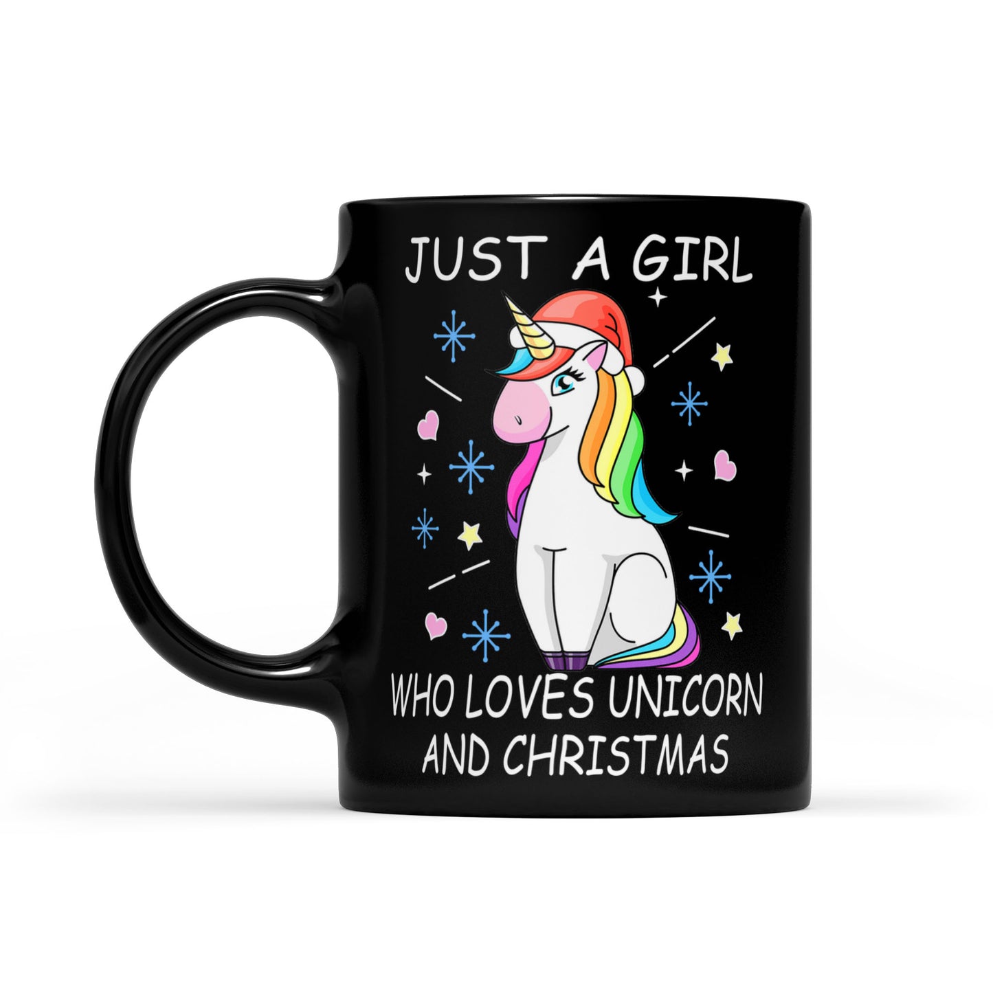 Lustige schwarze Tasse mit Aufschrift „Just A Girl Who Loves Unicorn And Christmas“, Geschenk für Weihnachten