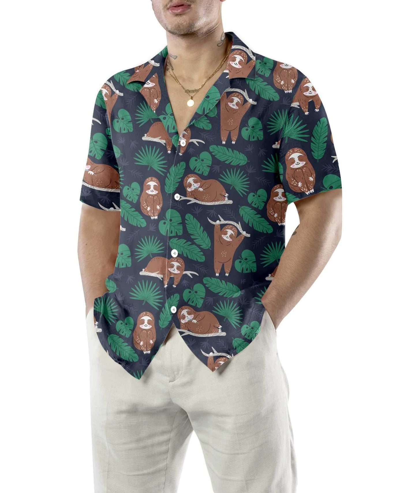 Lazy Sloth And Tropical Leaves Design Hawaiian Shirt, Hawaiian For Gift