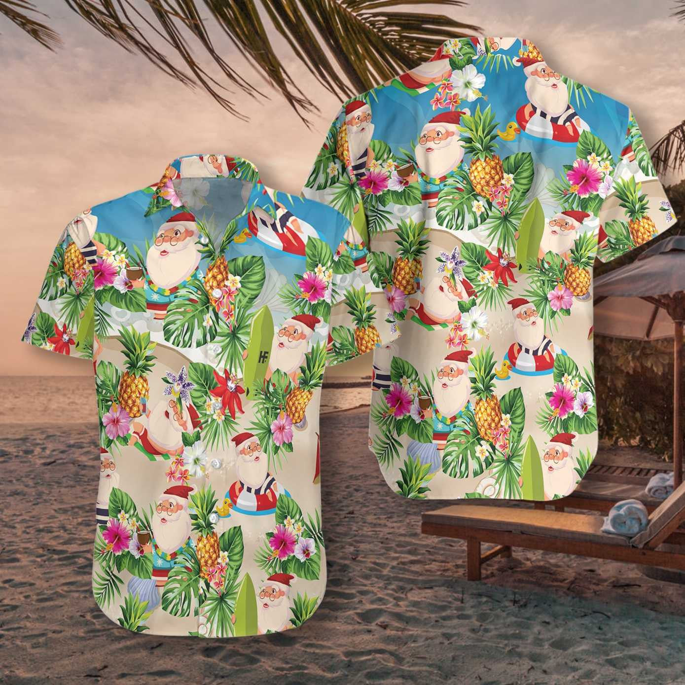 Pineapple And Santa Claus On Beach Happy Moment Hawaiian Shirt, Hawaiian Shirt Gift, Christmas Gift