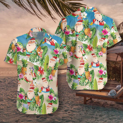Pineapple And Santa Claus On Beach Happy Moment Hawaiian Shirt, Hawaiian Shirt Gift, Christmas Gift