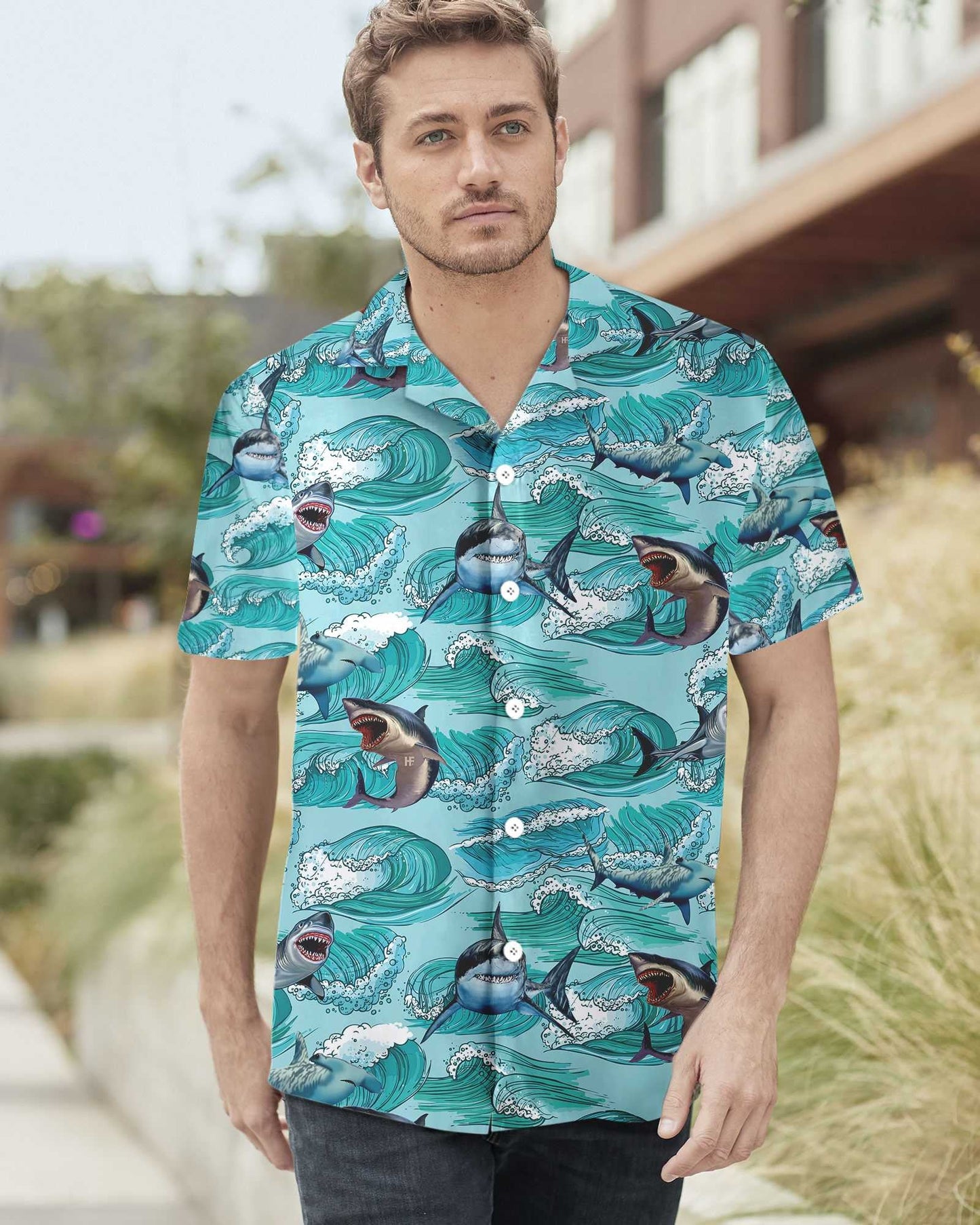 Sharks On Sea Waves Design Hawaiian Shirt, Hawaiian Shirt Gift, Christmas Gift