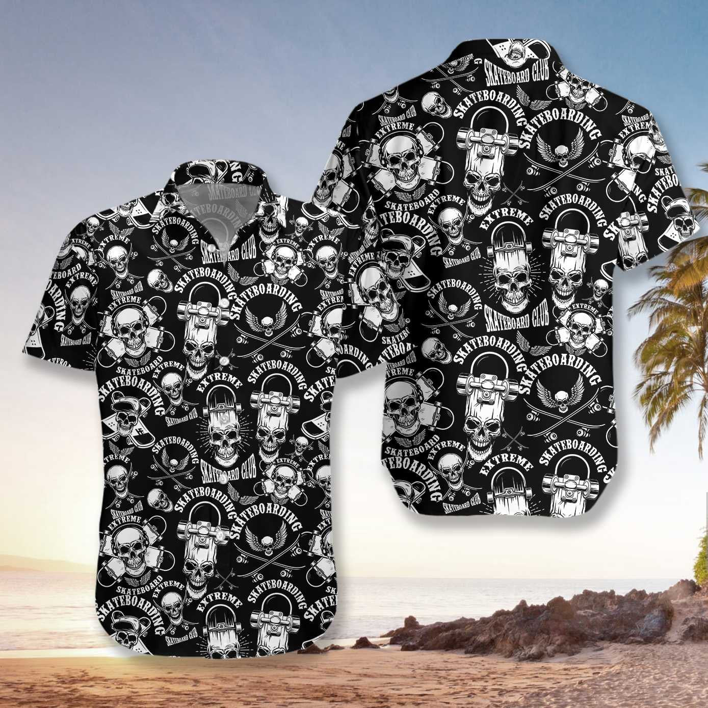 Enticing Skateboard Emblems In Monochrome Style Hawaiian Shirt,Hawaiian Shirt Gift, Christmas Gift