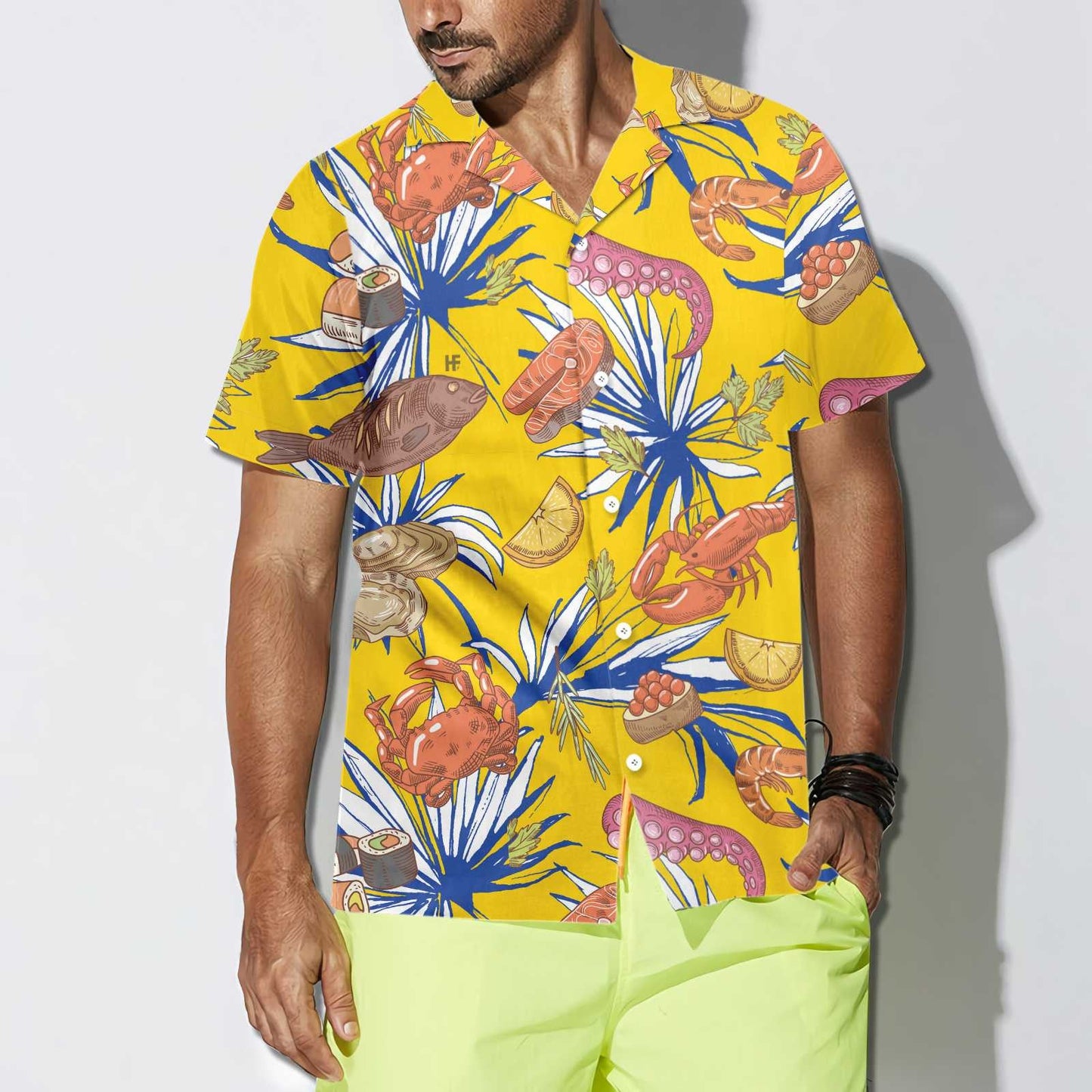 Tropical Floral Seafood On Yellow Design Hawaiian Shirt,Hawaiian Shirt Gift, Christmas Gift