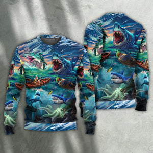 Fishing Shark Crazy Art Style Ugly Christmas Sweater, Christmas Gift, Gift Christmas 2024