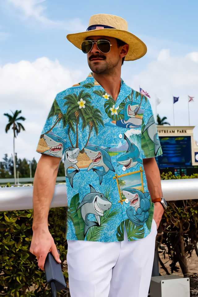 Excellent Sharks On The Beach Hawaiian Shirt,Hawaiian Shirt Gift, Christmas Gift