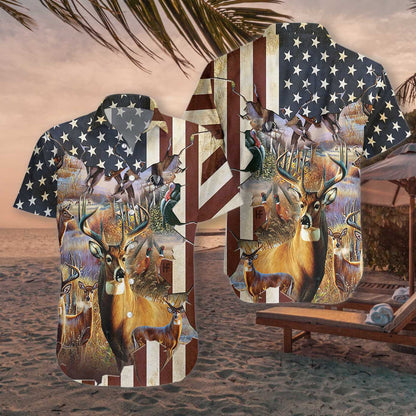 American Hunter Rustic US Flag Pattern Hawaiian Shirt,Hawaiian Shirt Gift, Christmas Gift