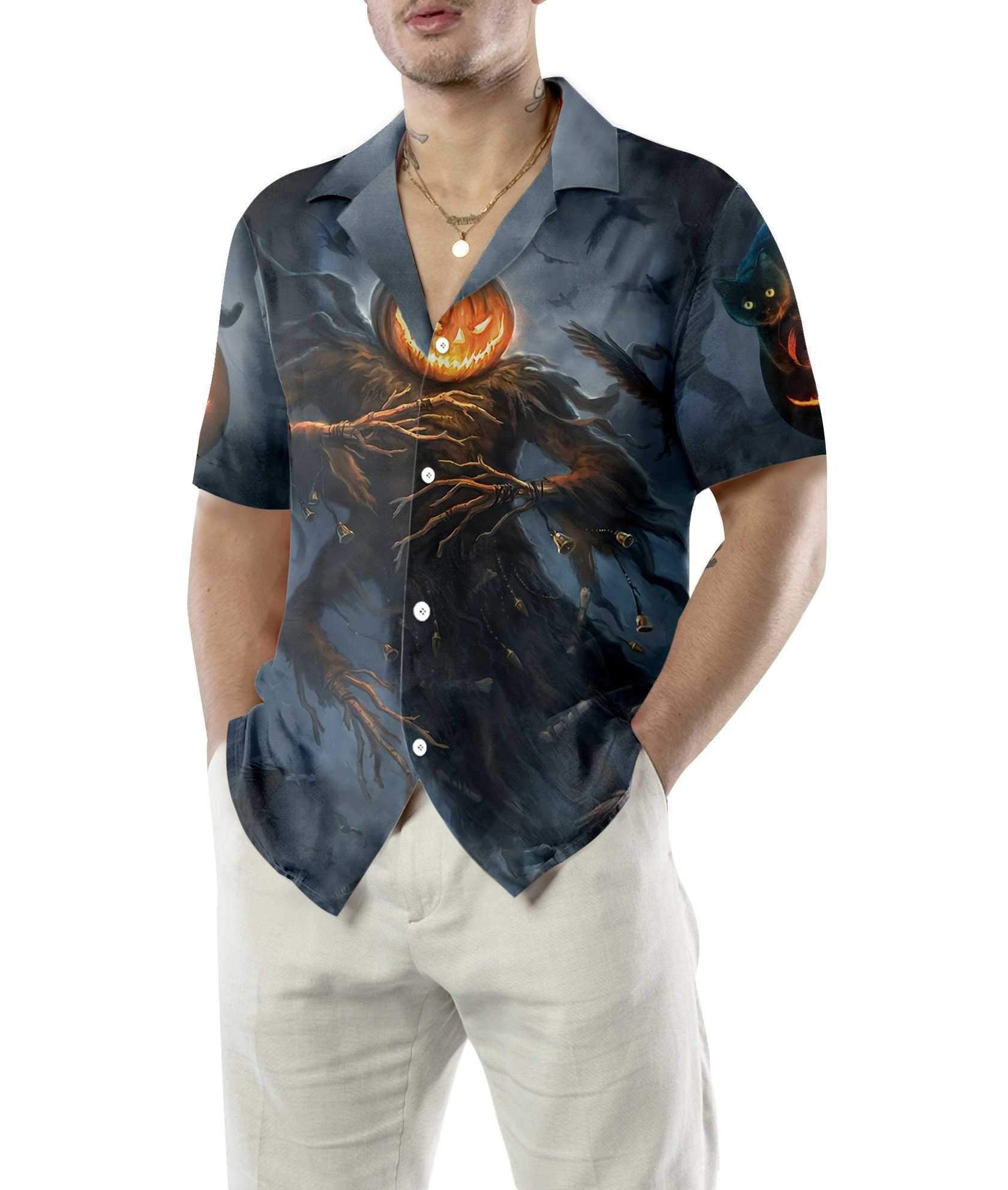 Cat With Pumpkin Monster Halloween Colorful Hawaiian Shirt, Hawaiian For Gift