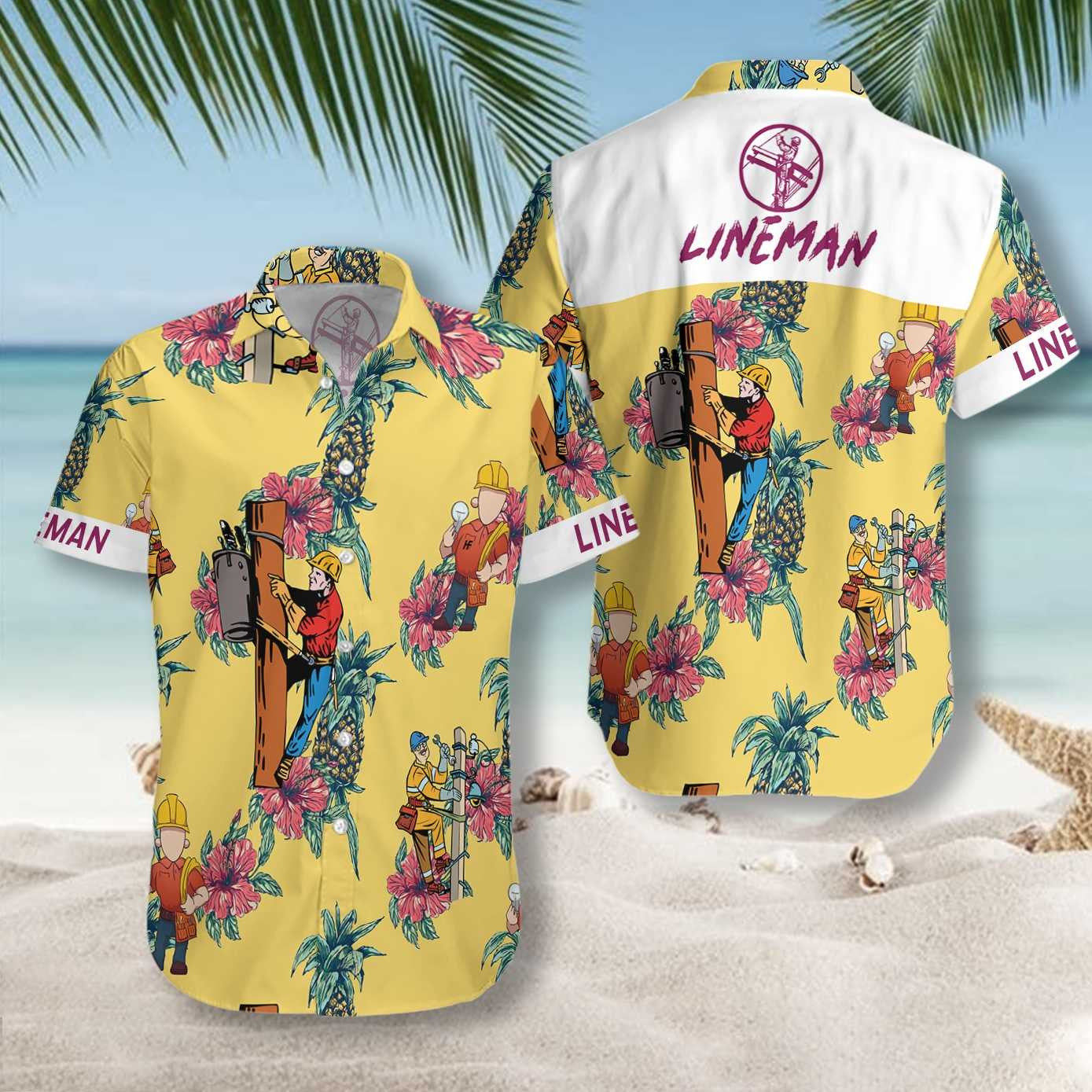 Lineman Pineapple On Yellow Design Hawaiian Shirt, Hawaiian Shirt Gift, Christmas Gift