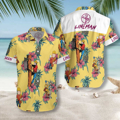 Lineman Pineapple On Yellow Design Hawaiian Shirt, Hawaiian Shirt Gift, Christmas Gift