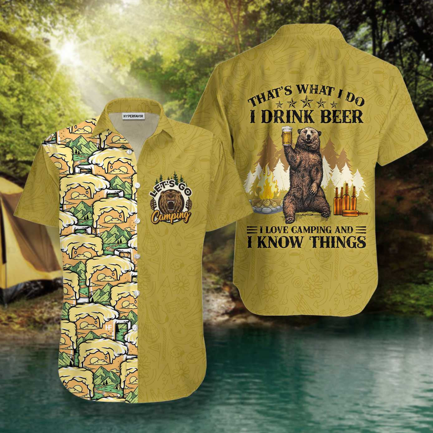 Olive Background Design Hawaiian Shirt Camping Bear Drink Beer, Hawaiian Shirt Gift, Christmas Gift