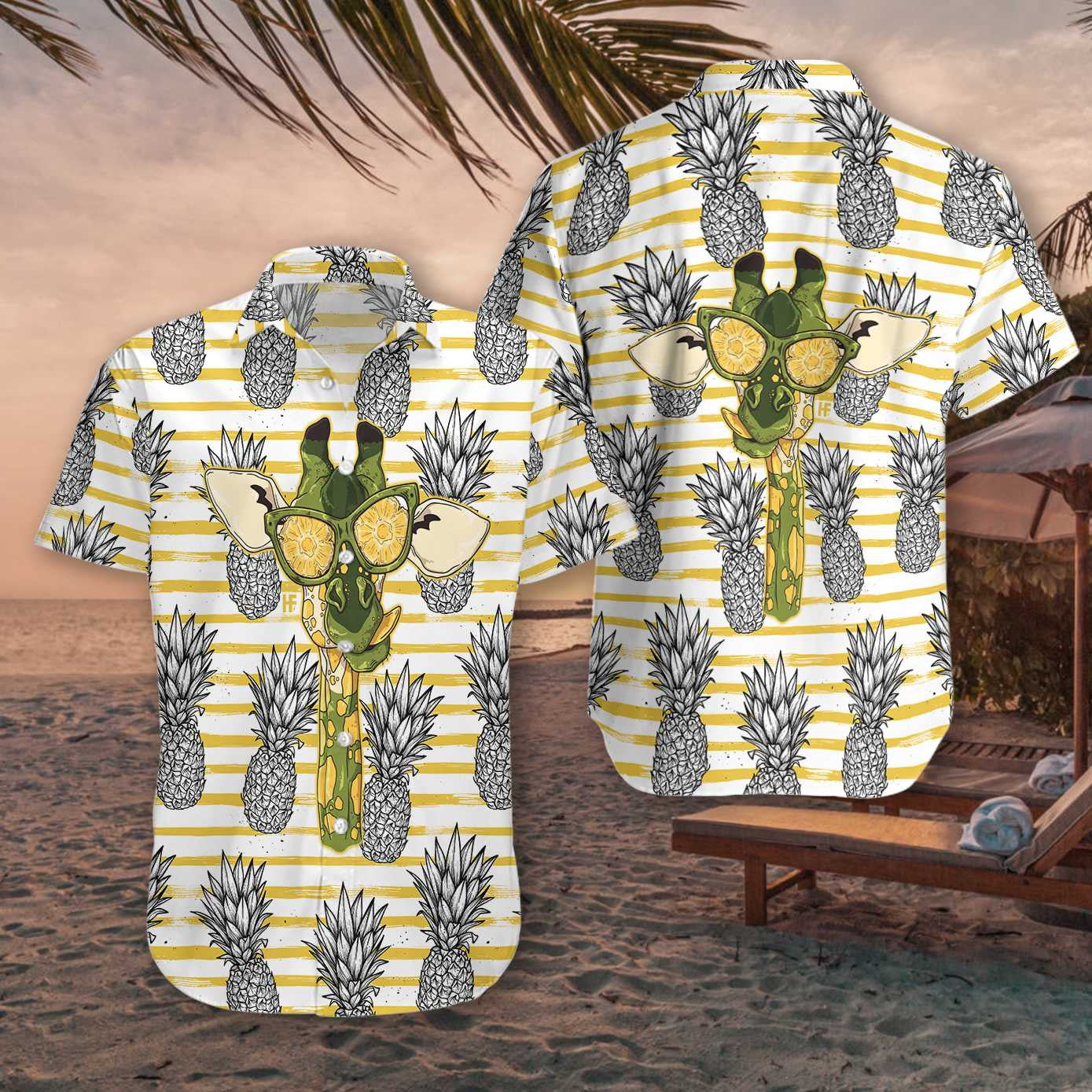 Pineapple And Cute Giraffe Yellow Horizontal Stripe Hawaiian Shirt, Hawaiian Shirt Gift, Christmas Gift