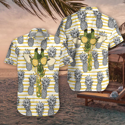 Pineapple And Cute Giraffe Yellow Horizontal Stripe Hawaiian Shirt, Hawaiian Shirt Gift, Christmas Gift