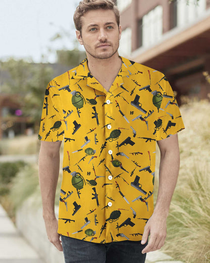 Gold Background Gun Military Gear Hawaiian Shirt,Hawaiian Shirt Gift, Christmas Gift
