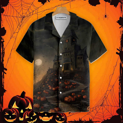 Halloween Haunted House On The Hill With Pumpkin Dramatic Hawaiian Shirt, Hawaiian Shirt Gift, Christmas Gift