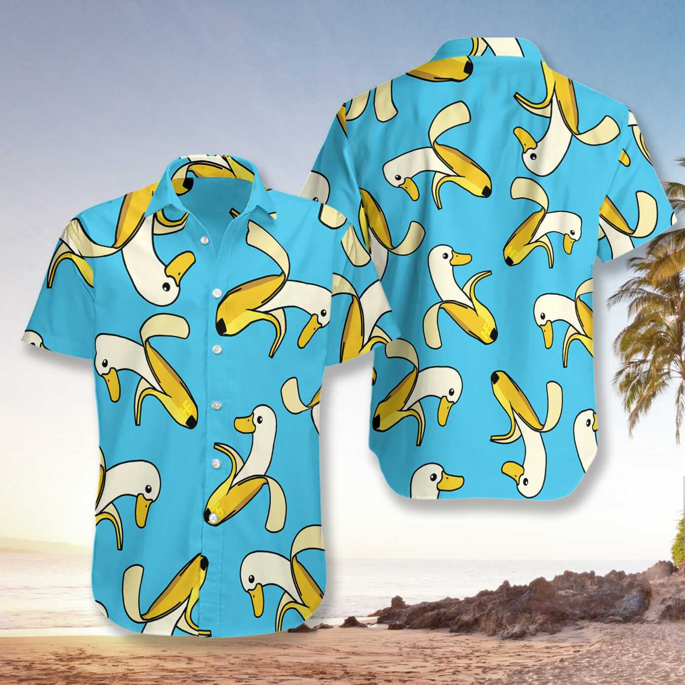 Funny Cute Banana Duck Hawaiian Shirt Deep Sky Blue, Hawaiian Shirt Gift, Christmas Gift
