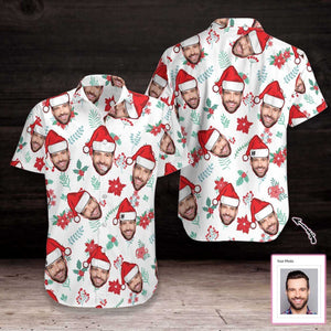 Funny Face Christmas Pattern Seamless Custom Photo Hawaiian Shirt, Hawaiian Shirt Gift, Christmas Gift