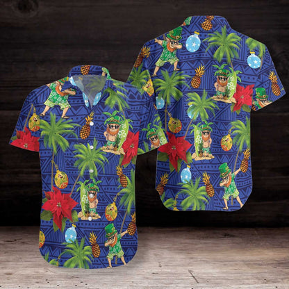 Leprechaun Surfing On Blue Background Hawaiian Shirt, Hawaiian Shirt Gift, Christmas Gift