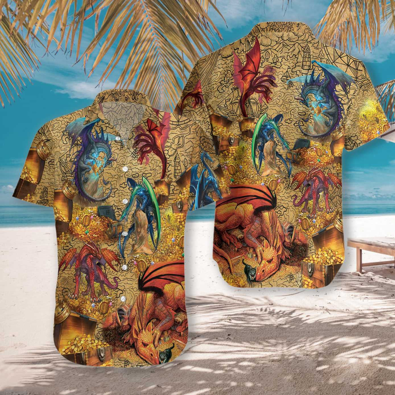 Dragons With Treasure Beautiful Design Hawaiian Shirt, Hawaiian Shirt Gift, Christmas Gift