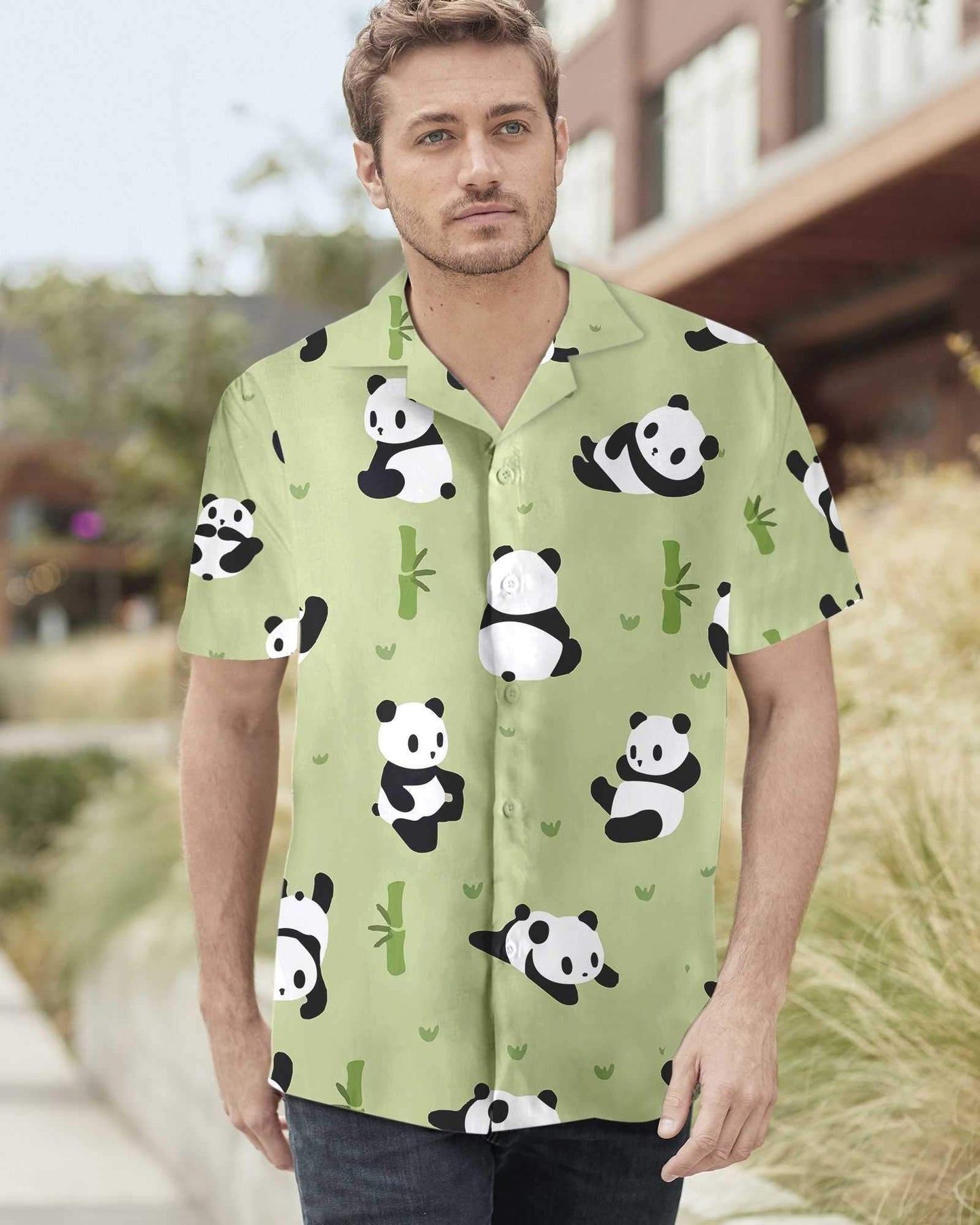 Panda Leaf On Medium Sea Green Design Hawaiian Shirt, Hawaiian Shirt Gift, Christmas Gift