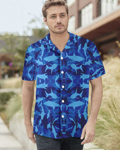 Military With Shark Blue Camo Pattern Design Hawaiian Shirt, Hawaiian Shirt Gift, Christmas Gift