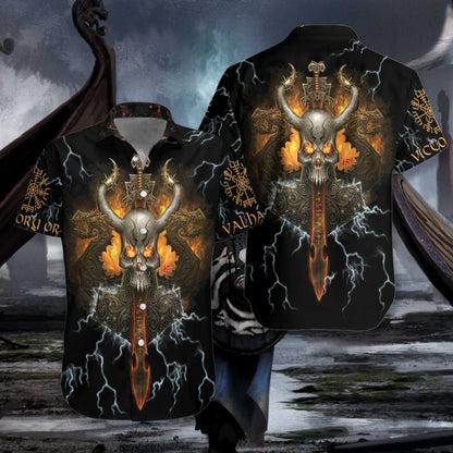 Viking Skull Thunder Power On Black Design Hawaiian Shirt, Hawaiian Shirt Gift, Christmas Gift