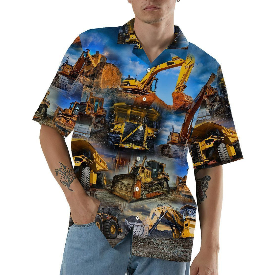 Excavator And Sky Tropical Background Design Hawaiian Shirt,Hawaiian Shirt Gift, Christmas Gift