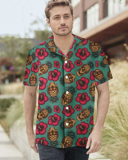 Cadet Blue Design Hawaiian Shirt Retro Pineapple Skull,Hawaiian Shirt Gift, Christmas Gift