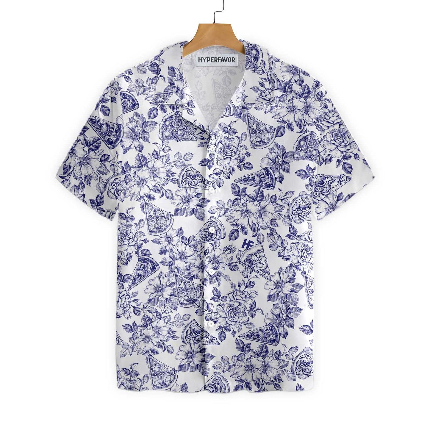 Excellent Blue Floral Pizza Design Hawaiian Shirt,Hawaiian Shirt Gift, Christmas Gift