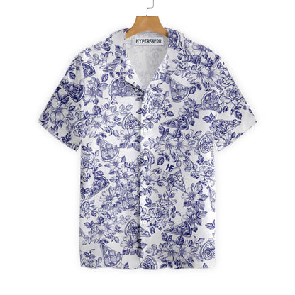 Excellent Blue Floral Pizza Design Hawaiian Shirt,Hawaiian Shirt Gift, Christmas Gift
