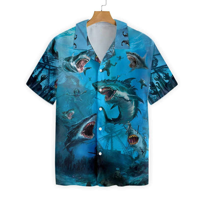 Angry Shark Under The Sea Hawaiian Shirt, Hawaiian Shirt Gift, Christmas Gift