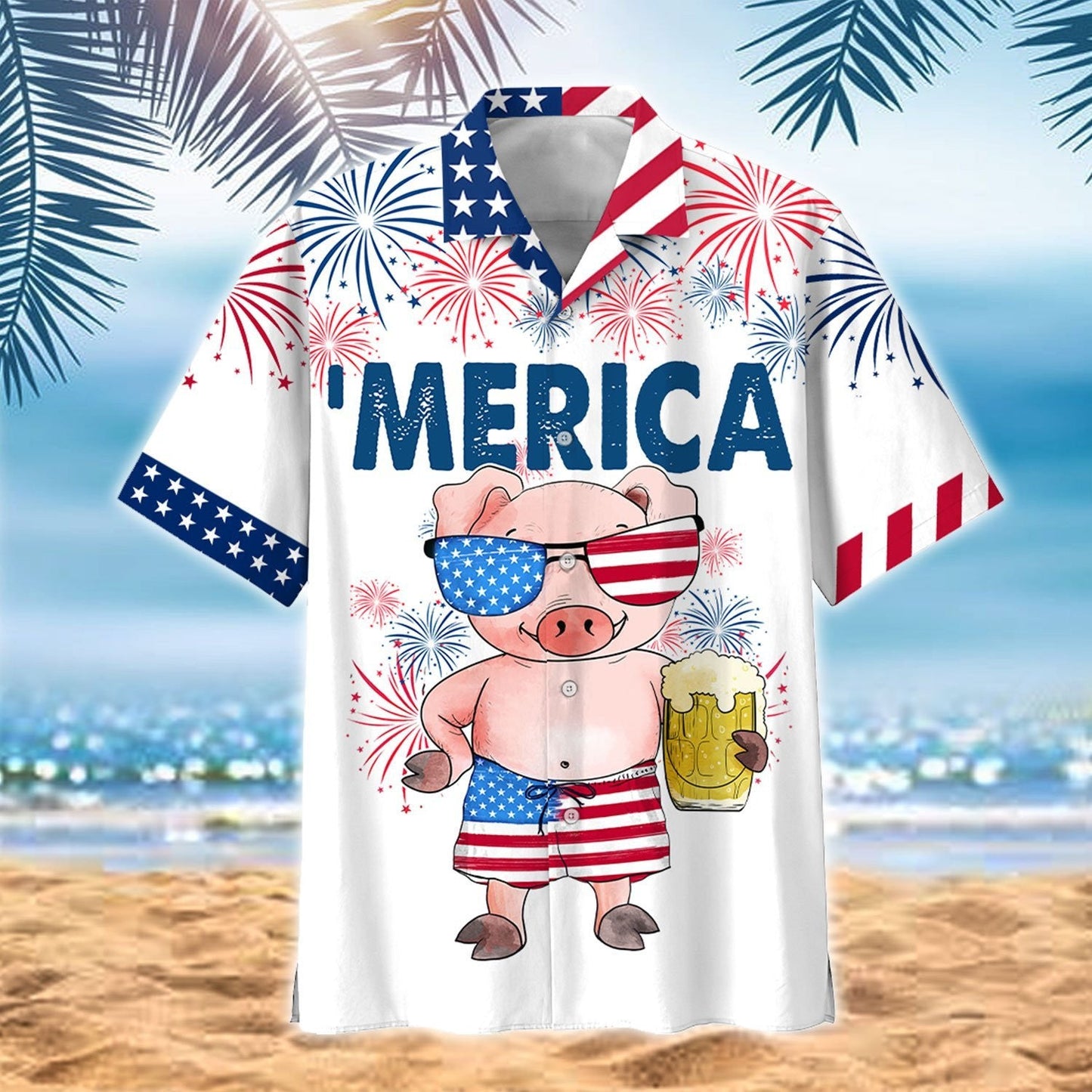 Cute Merica Pink Pig Design Hawaiian Shirt,Hawaiian Shirt Gift, Christmas Gift
