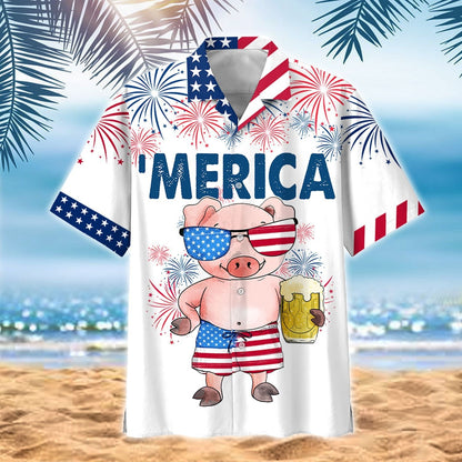 Cute Merica Pink Pig Design Hawaiian Shirt,Hawaiian Shirt Gift, Christmas Gift