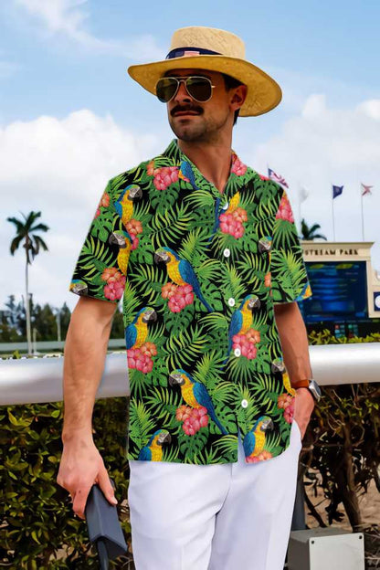 Spring Season Parrots Hibiscus And Palm Leaves Hawaiian Shirt, Hawaiian Shirt Gift, Christmas Gift