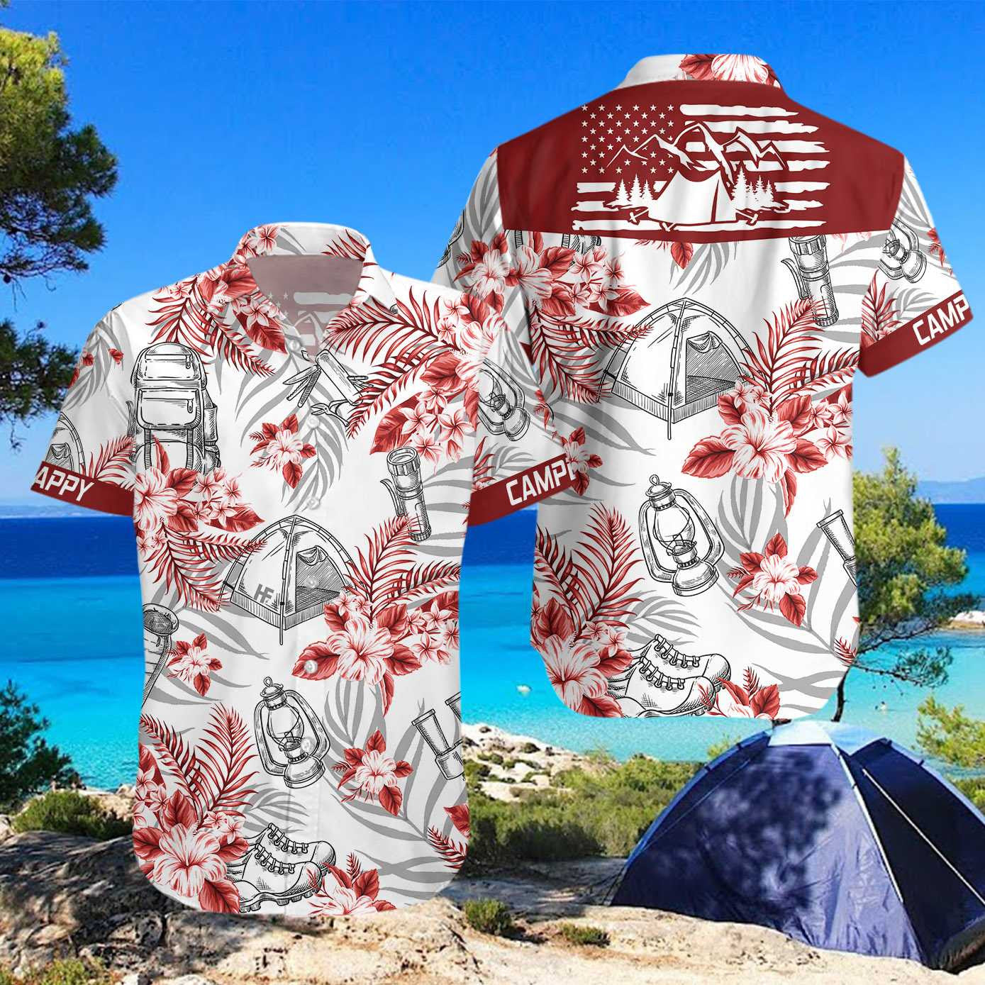 Black And Red Happy Camper Hawaiian Shirt, Hawaiian Shirt Gift, Christmas Gift