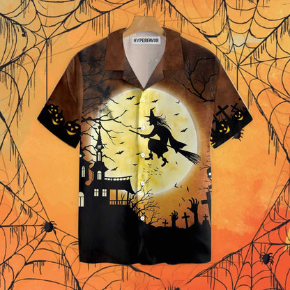 Halloween Night Flying Witch Over A Castle Dramatic Hawaiian Shirt, Hawaiian Shirt Gift, Christmas Gift