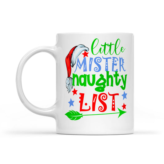 Lustiges Weihnachtsgeschenk mit Aufschrift „Little Mister Naughty List“, weiße Tasse, Geschenk für Weihnachten