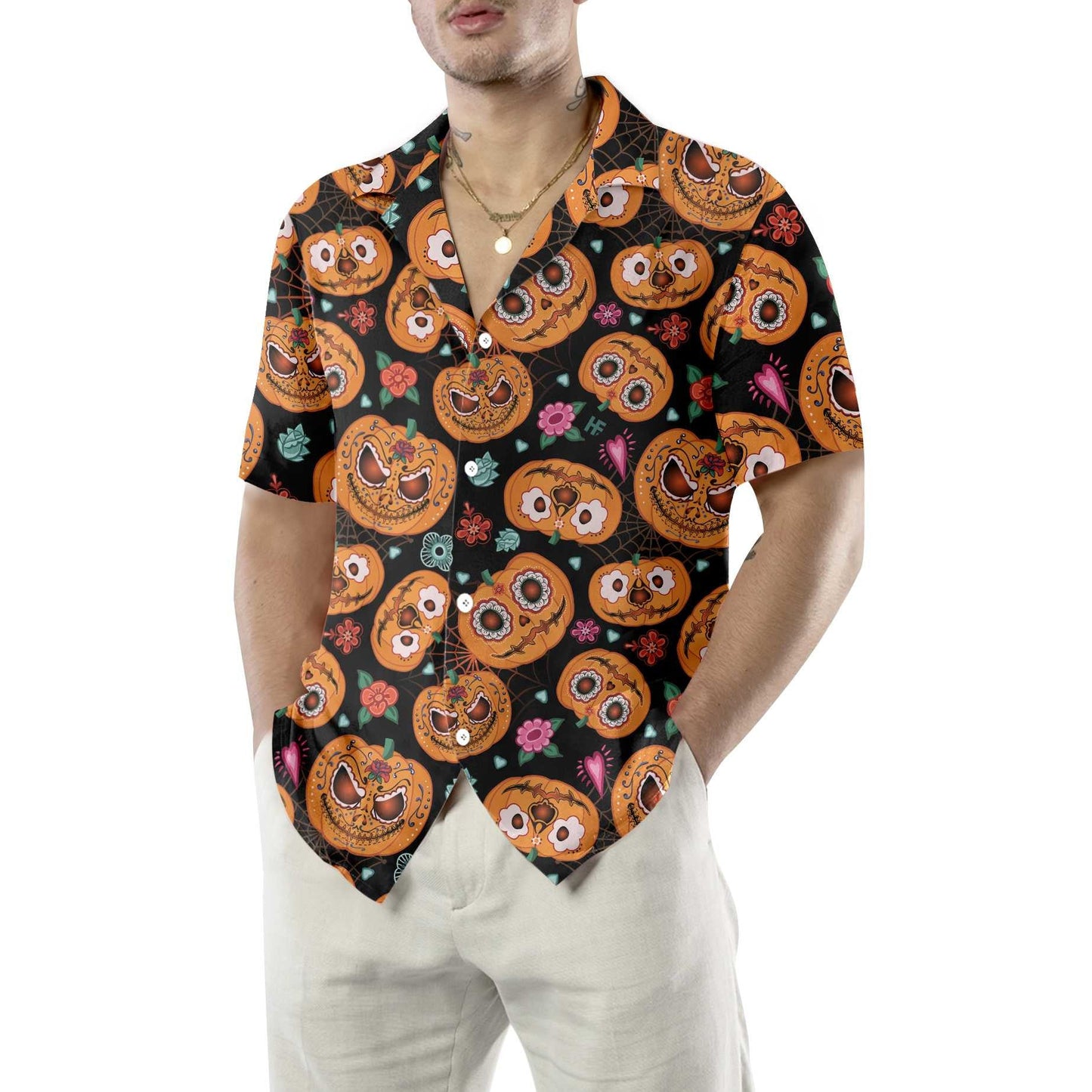 Smiling Pumpkin Flower Halloween Theme Hawaiian Shirt,Hawaiian Shirt Gift, Christmas Gift