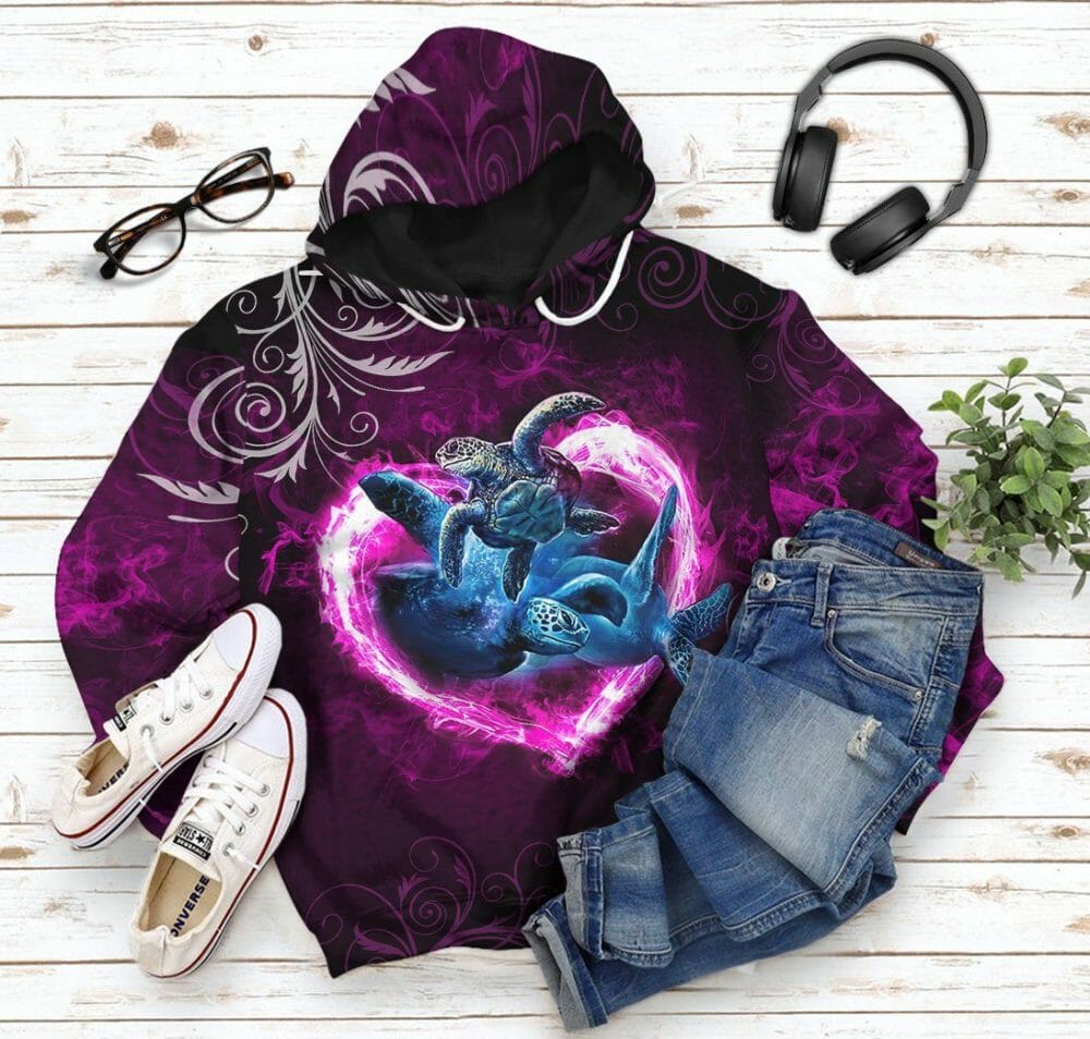 3D Pink Heart Sea Turtle Tshirt Hoodie Apparel
