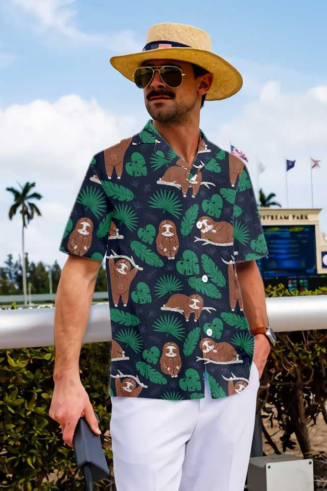 Lazy Sloth And Tropical Leaves Design Hawaiian Shirt, Hawaiian For Gift