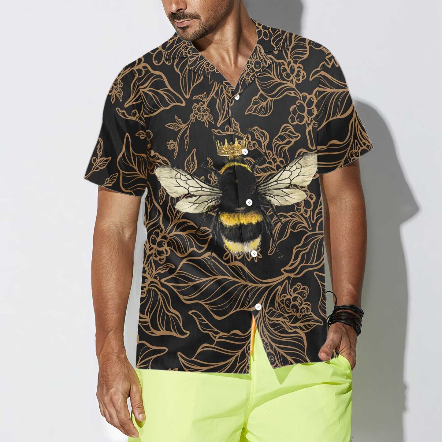 Gold Crown Golden Floral Bee Design Hawaiian Shirt,Hawaiian Shirt Gift, Christmas Gift