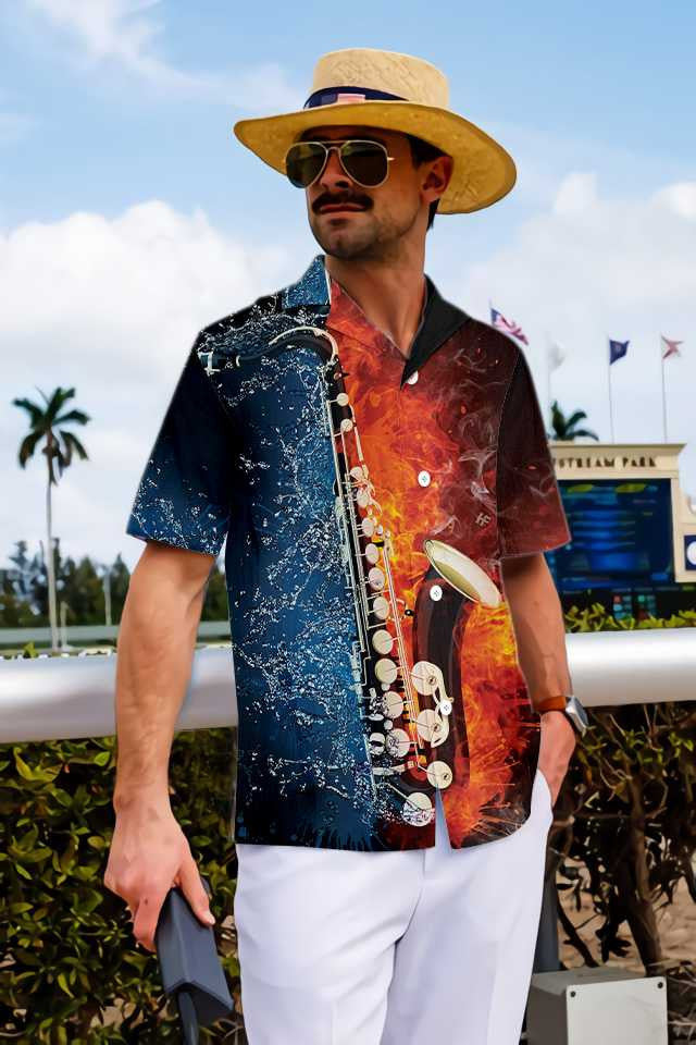 Nice Saxophone With Water And Flame Hawaiian Shirt,Hawaiian Shirt Gift, Christmas Gift