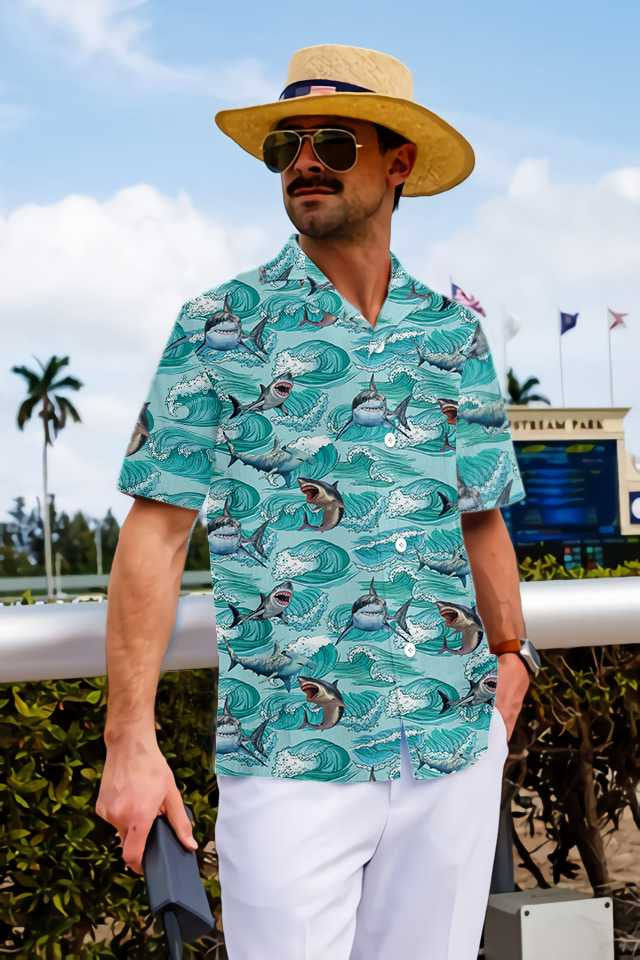 Sharks On Sea Waves Design Hawaiian Shirt, Hawaiian Shirt Gift, Christmas Gift