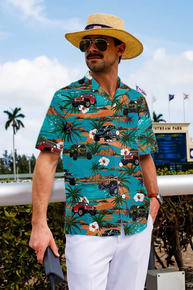 Teel Background Jeep Car Retro Summer Hawaiian Shirt,Hawaiian Shirt Gift, Christmas Gift