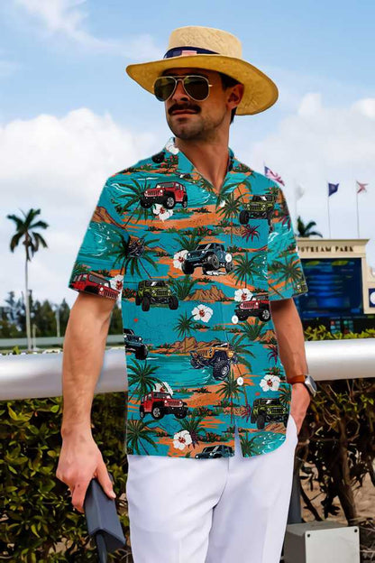 Teel Background Jeep Car Retro Summer Hawaiian Shirt,Hawaiian Shirt Gift, Christmas Gift