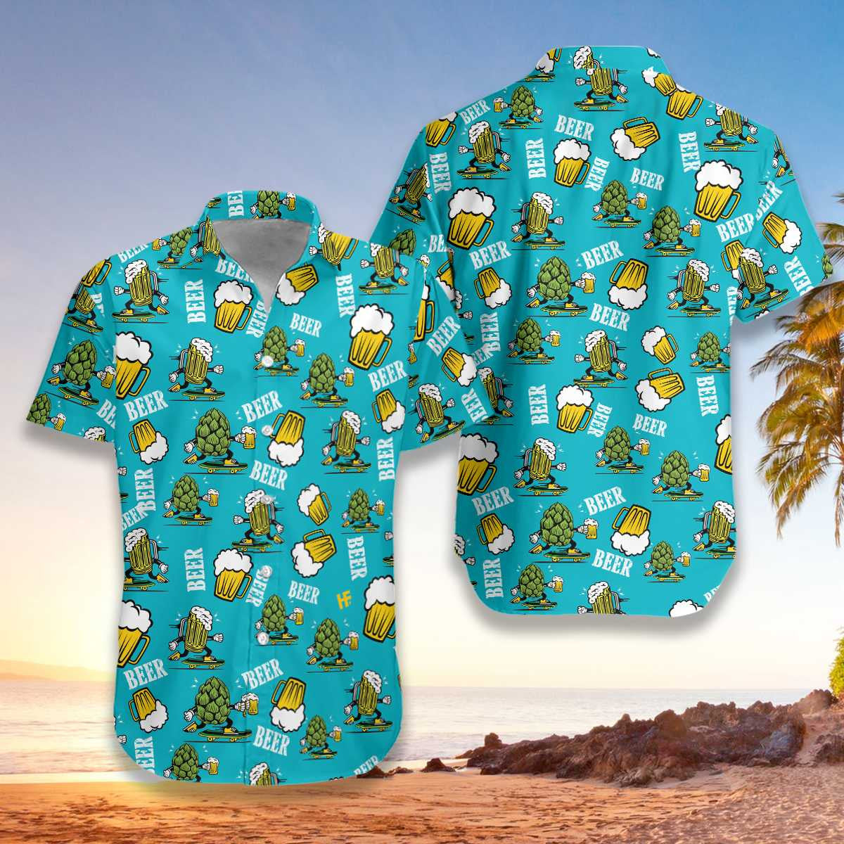 Funny Beer On Deep Sky Blue Design Hawaiian Shirt, Hawaiian Shirt Gift, Christmas Gift