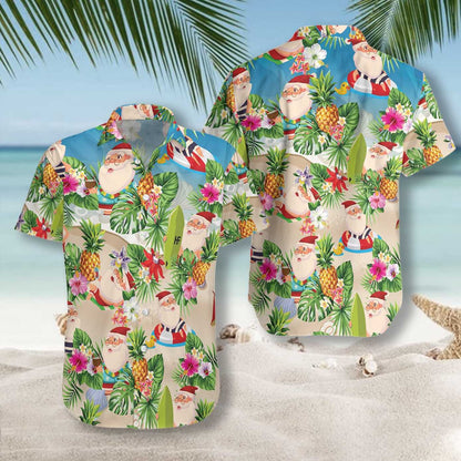 Pineapple And Santa Claus On Beach Happy Moment Hawaiian Shirt, Hawaiian Shirt Gift, Christmas Gift