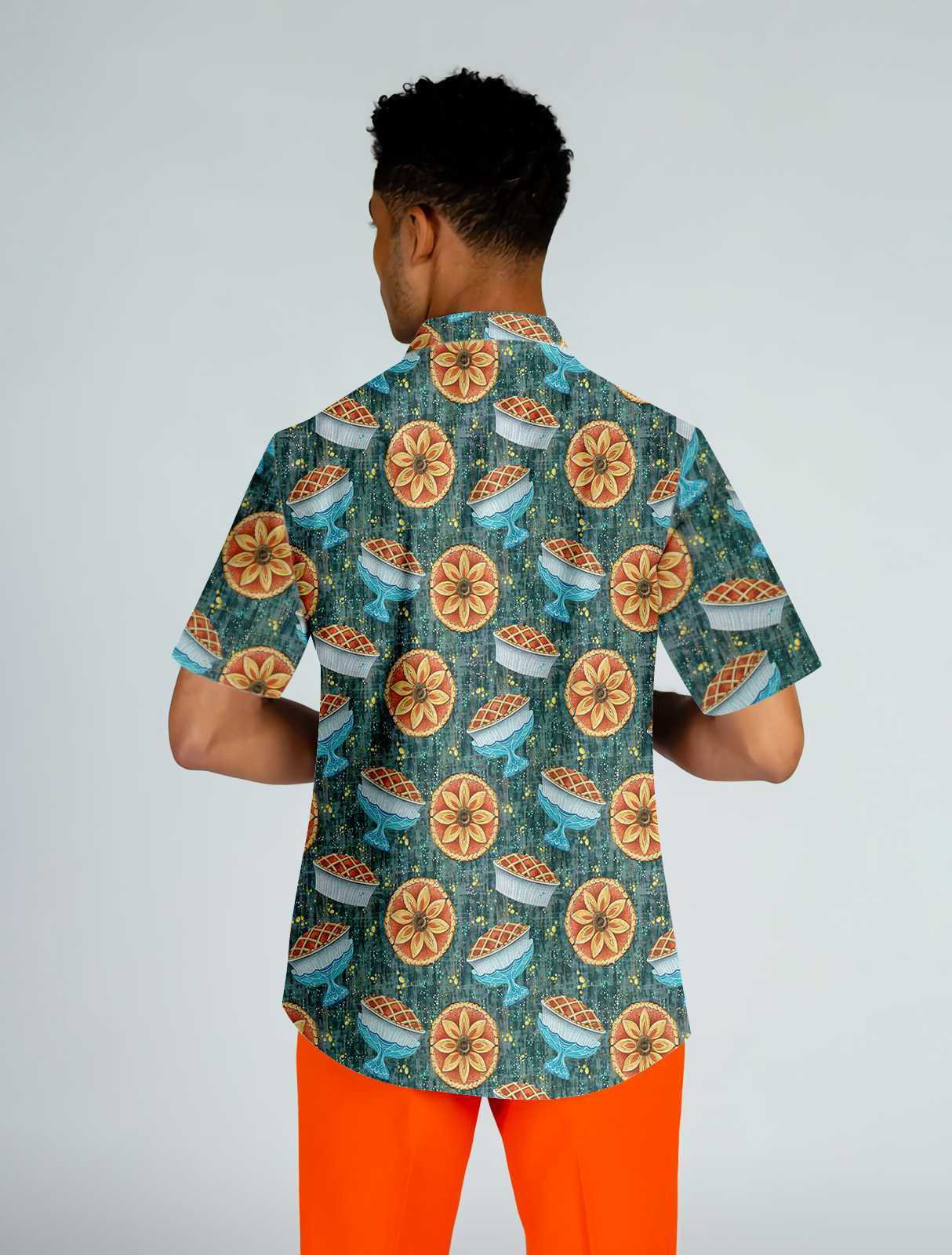 Dark Cyan Background Thanksgiving Autumn Pie Design Hawaiian Shirt, Hawaiian Shirt Gift, Christmas Gift