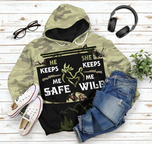 3D He Keeps Me Safe She Keeps Me Wild Custom Name Text Tshirt Hoodie Apparel