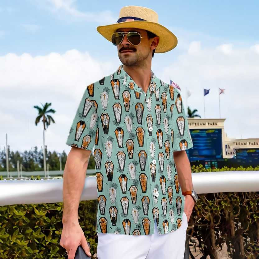 Vampire Coffins Halloween Pattern Dramatic Hawaiian Shirt, Hwaiian For Gift